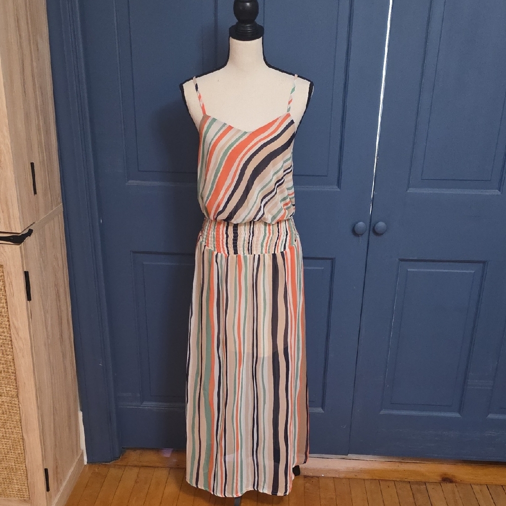 NWOT Fire Los Angeles Striped Maxi Dress in Coral Navy Tan Green Sz Medium